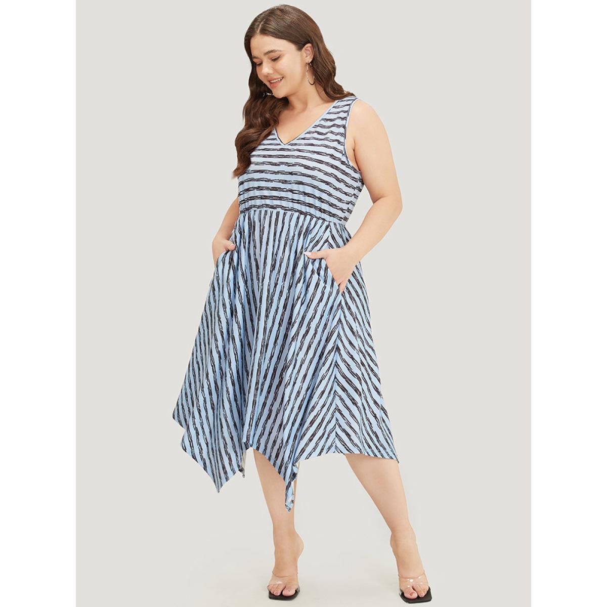 Plus Size Striped Print Hanky Hem Pocket V Neck Tank Dress Stone Women Elegant Gathered V-neck Sleeveless Curvy Midi Dress BloomChic 22-24/3X Product Image