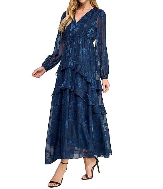 Layered With Love Alice Jacquard Chiffon Long Sleeve V-Neck Ruffle Tiered A-Line Maxi Dress Product Image