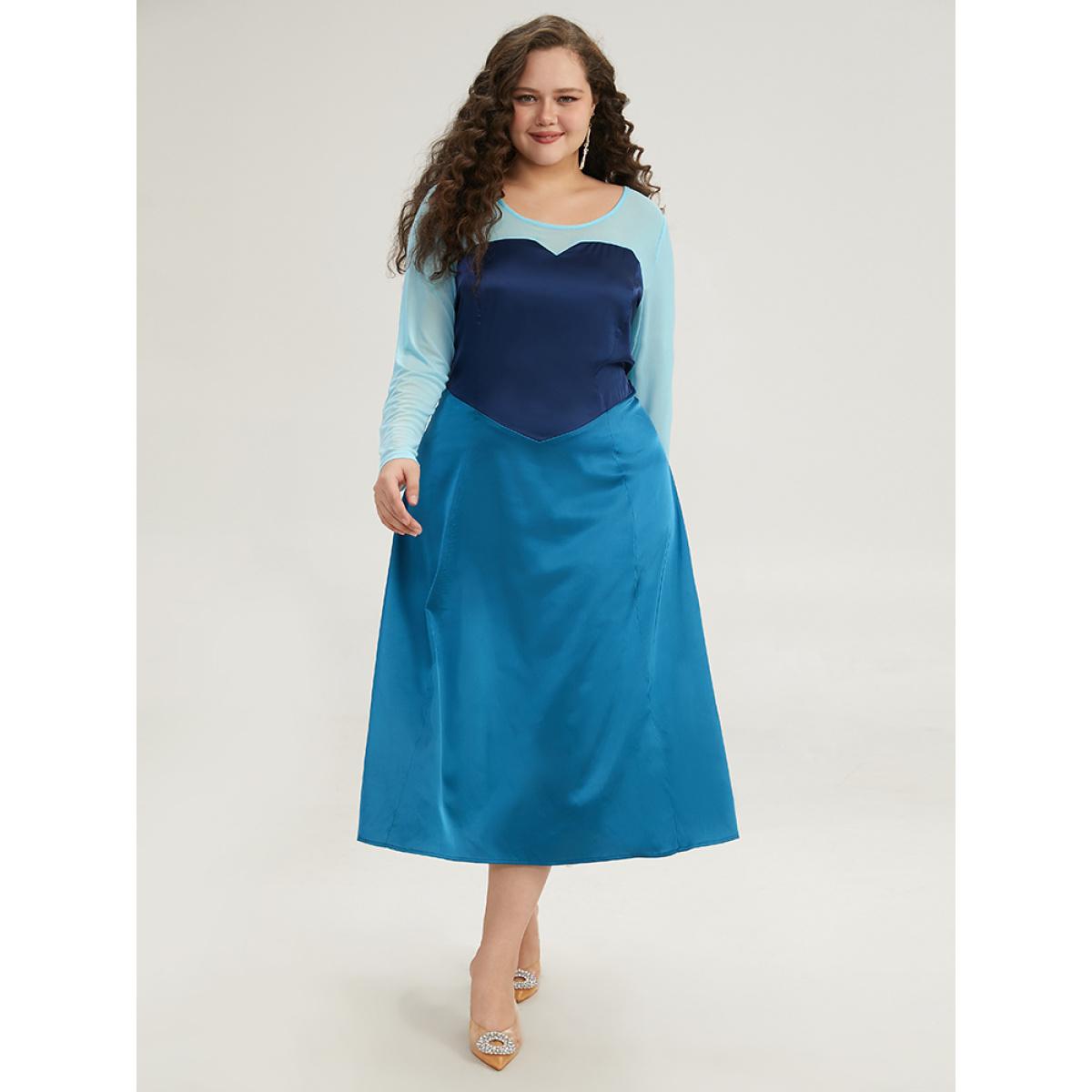 Plus Size Halloween Contrast Patchwork Mesh Dress Aegean Women Elegant See through Round Neck Long Sleeve Curvy Midi Dress BloomChic 12/L Product Image