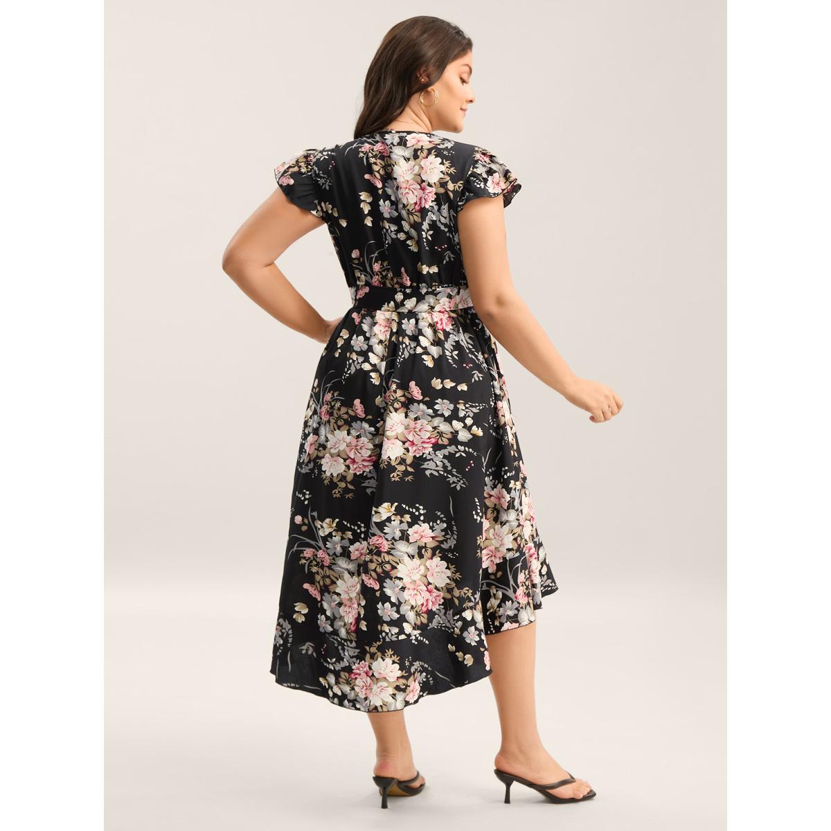 Plus Size Midnight Blooms Wrap A-Line Midi Dress Black Women Romantic Overlap Collar Cap Sleeve Curvy BloomChic 10/M Product Image