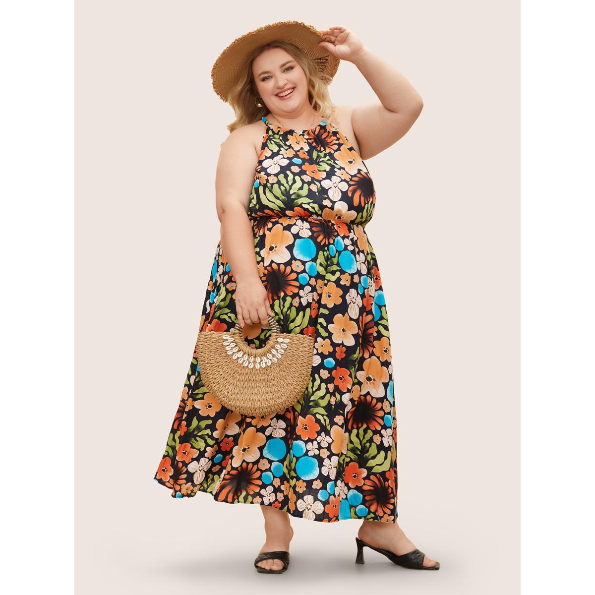 Plus Size Floral Printed Patchwork Side Seam Pocket Dress Indigo Women Resort Gathered Non Sleeveless Curvy BloomChic 26/4X Product Image