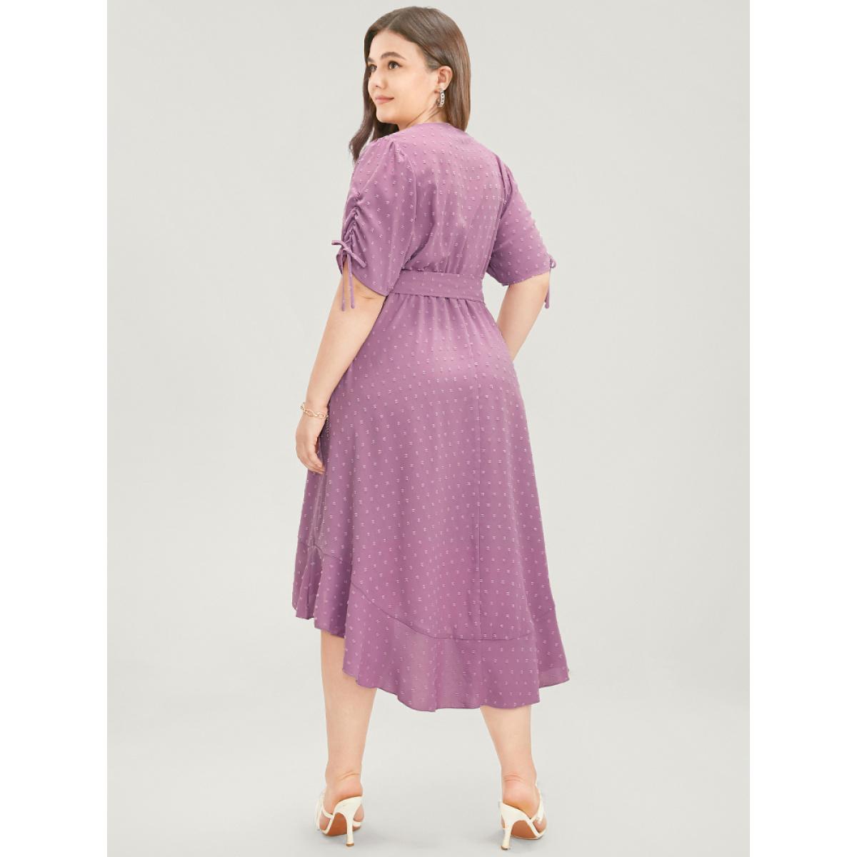 Plus Size Plain Wrap Ruffles Pocket Belted High Low Hem Dress Mauve Women Elegant Gathered V-neck Short sleeve Curvy Midi Dress BloomChic 14-16/1X Product Image