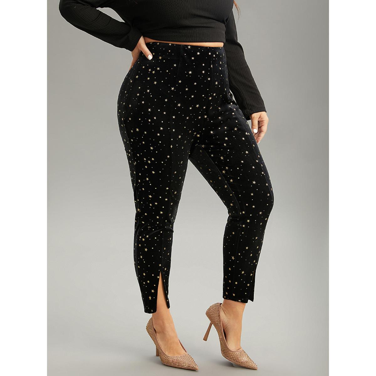 Plus Size Star Glitter Split Hem High Rise Skinny Leggings Women Black Glamour High stretch Skinny High Rise Party Leggings BloomChic 10/M Product Image