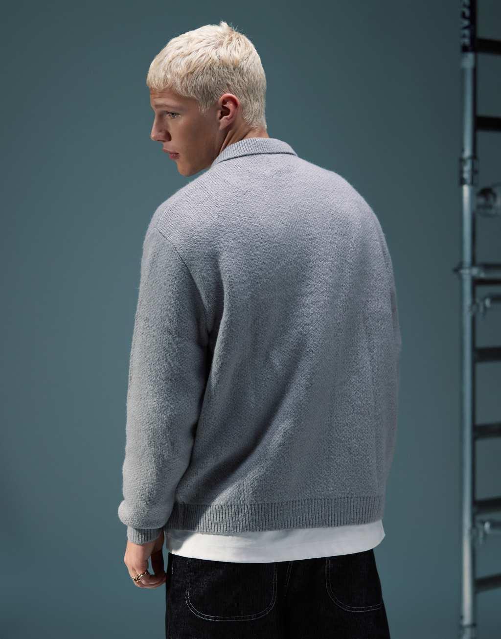 ASOS DESIGN oversized brushed knitted polo in light gray Product Image