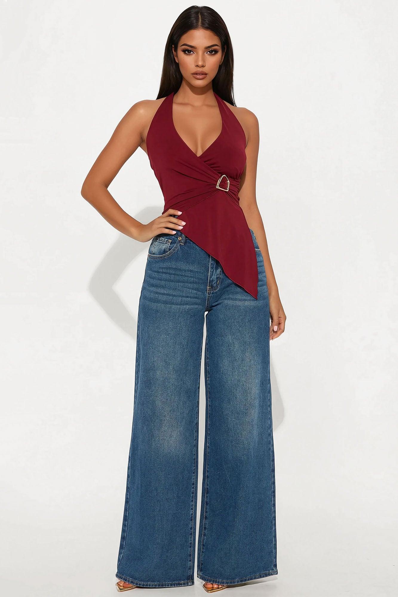 Ginny Asymmetrical Halter Top - Burgundy Product Image