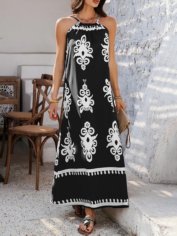 A-Line Loose Contrast Color Halter-Neck Maxi Dresses Product Image