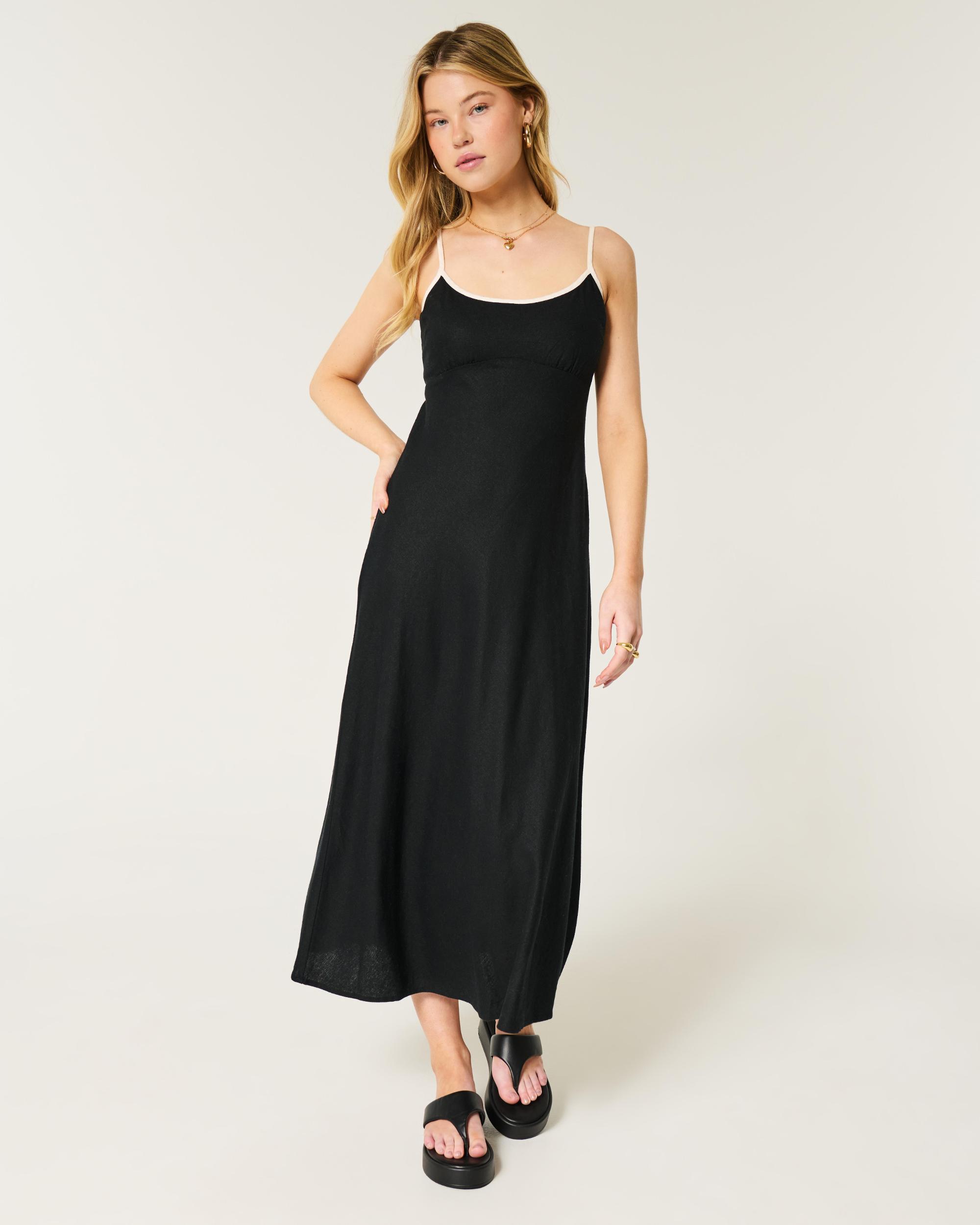 Linen-Blend Open Back Slip Midi Dress Product Image