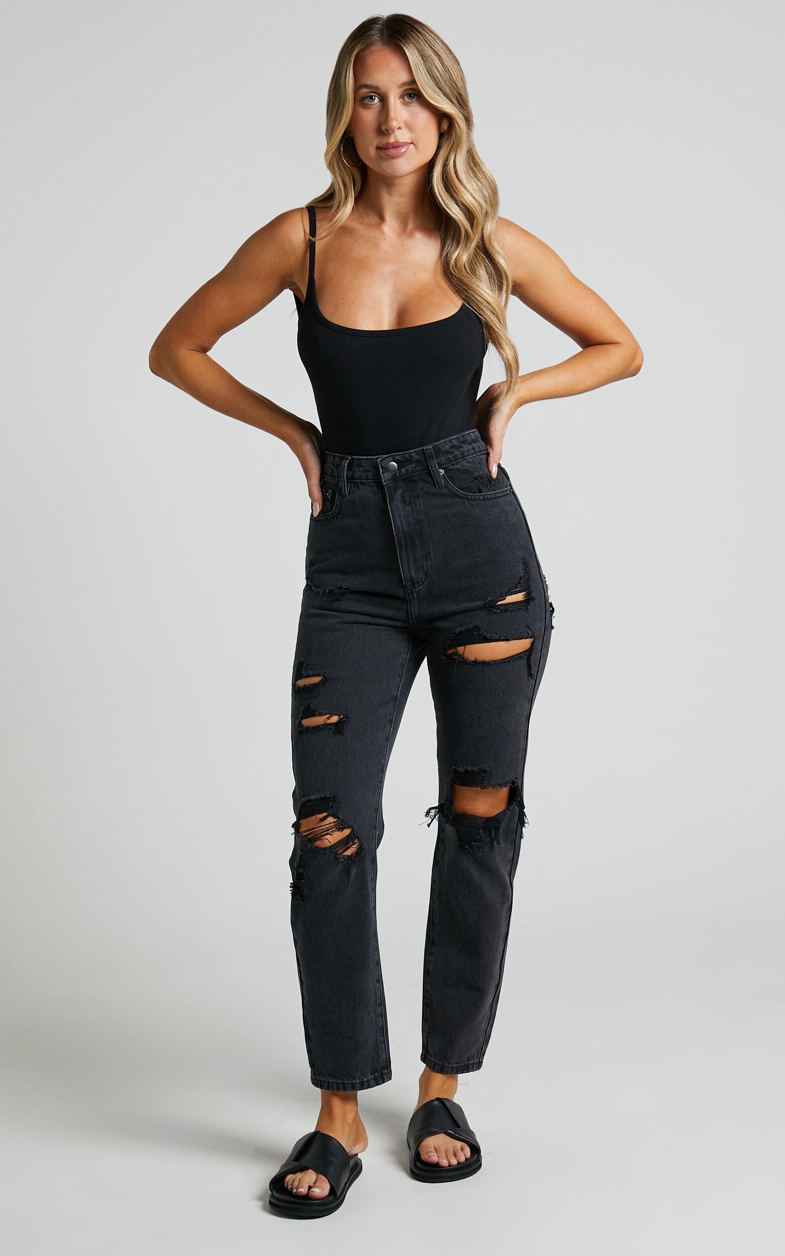 Billie Jeans - High Waisted Cotton Distressed Mom Denim Jeans in Black Wash Product Image