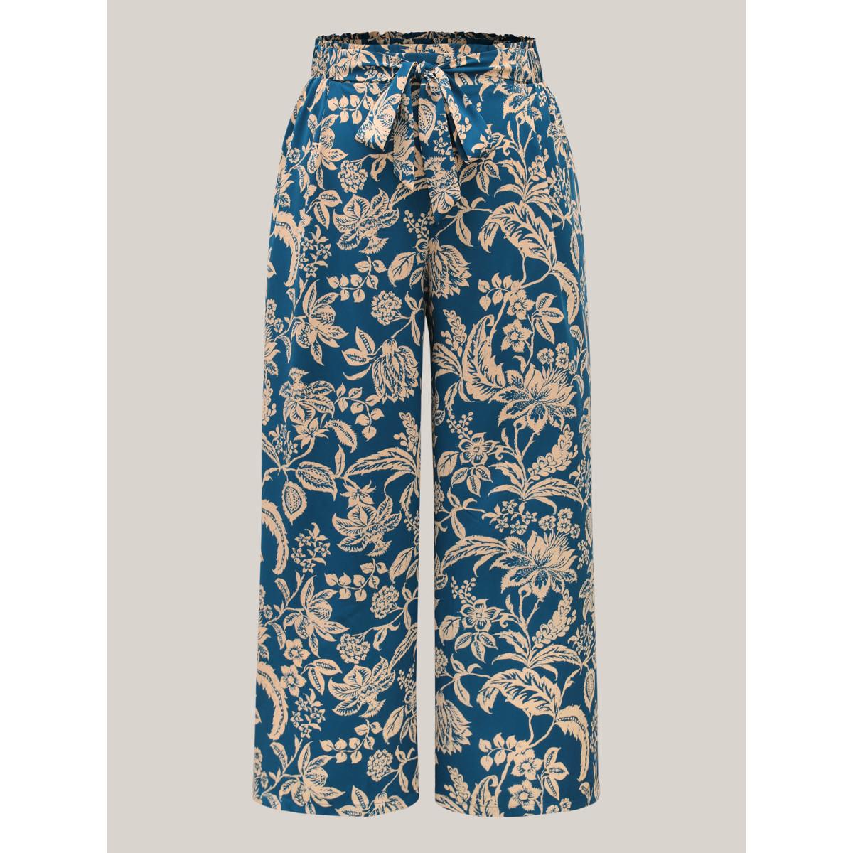 Plus Size Floral Perfection Belted Wide-Leg Pants Women Indigo Elegant Wide Leg Mid Rise Everyday-Elegant Pants BloomChic 26/4X Product Image