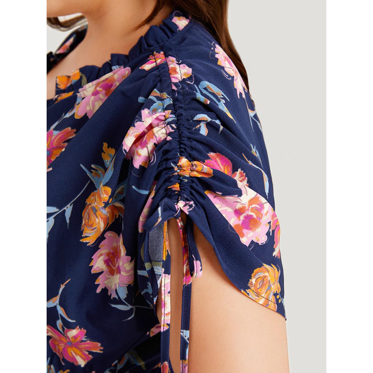 Plus Size Floral Knot Neck Drawstring Dolman Sleeve Shirred Dress Navy Women Elegant Frill Trim V-neck Short sleeve Curvy Midi Dress BloomChic 30/6X Product Image