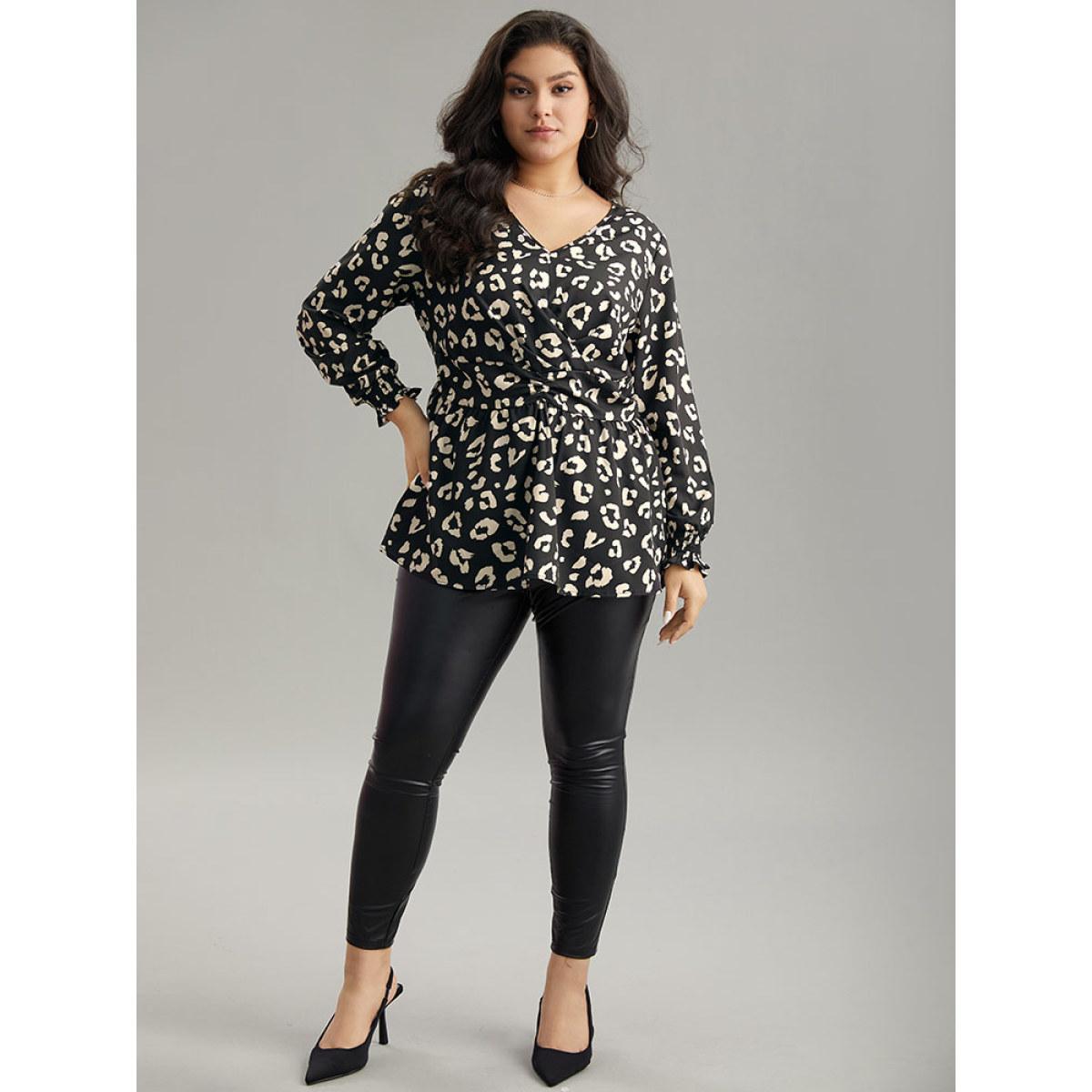 Plus Size Black Leopard Print Crossover Ruched Shirred Blouse Women Elegant Long Sleeve V-neck Dailywear Blouses BloomChic 10/M Product Image