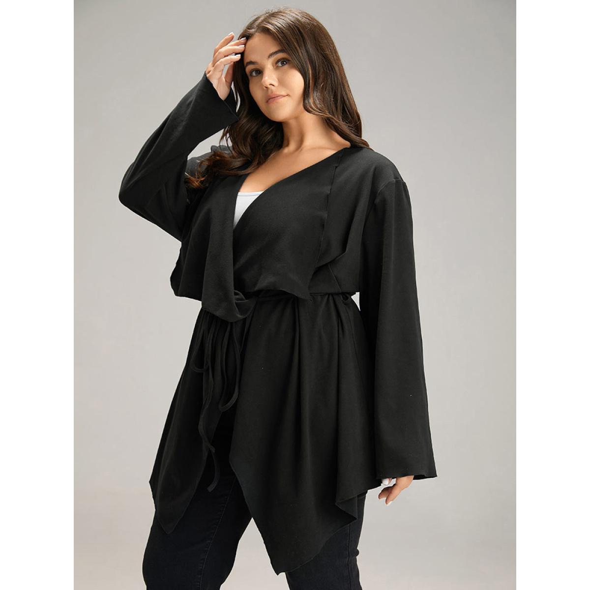 Plus Size Solid Rib Knit Ties Lapel Collar Kimono Women Black Casual Plain Belt Dailywear Kimonos BloomChic 10/M Product Image