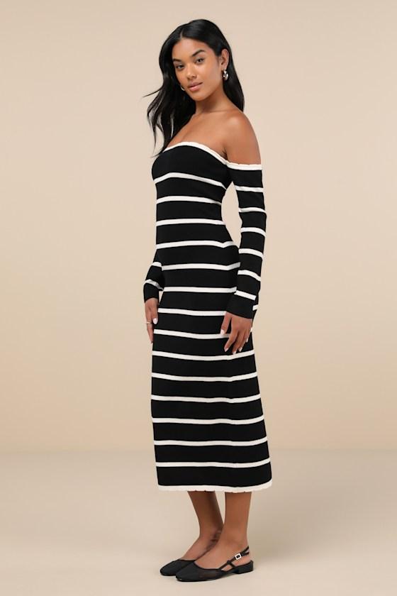 Chicest Side Black Striped Off-the-Shoulder Midi Sweater Dress Product Image