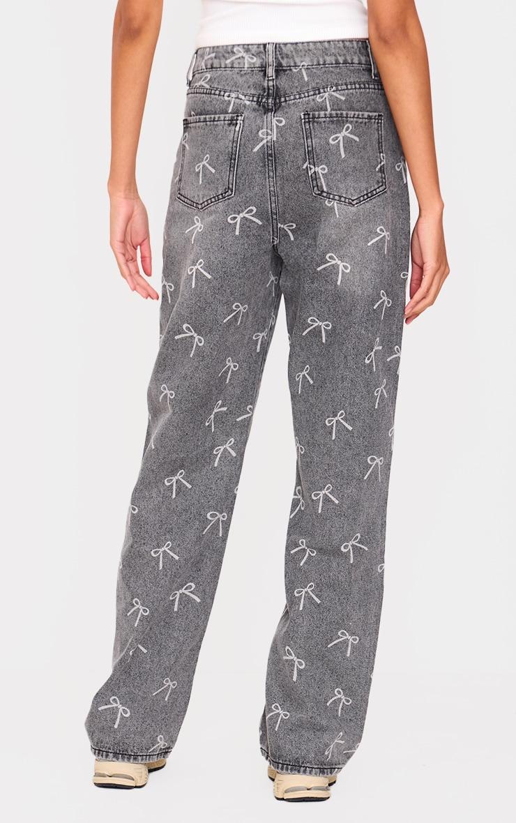 Washed Grey Bow Laser Print Straight Leg Jeans Product Image