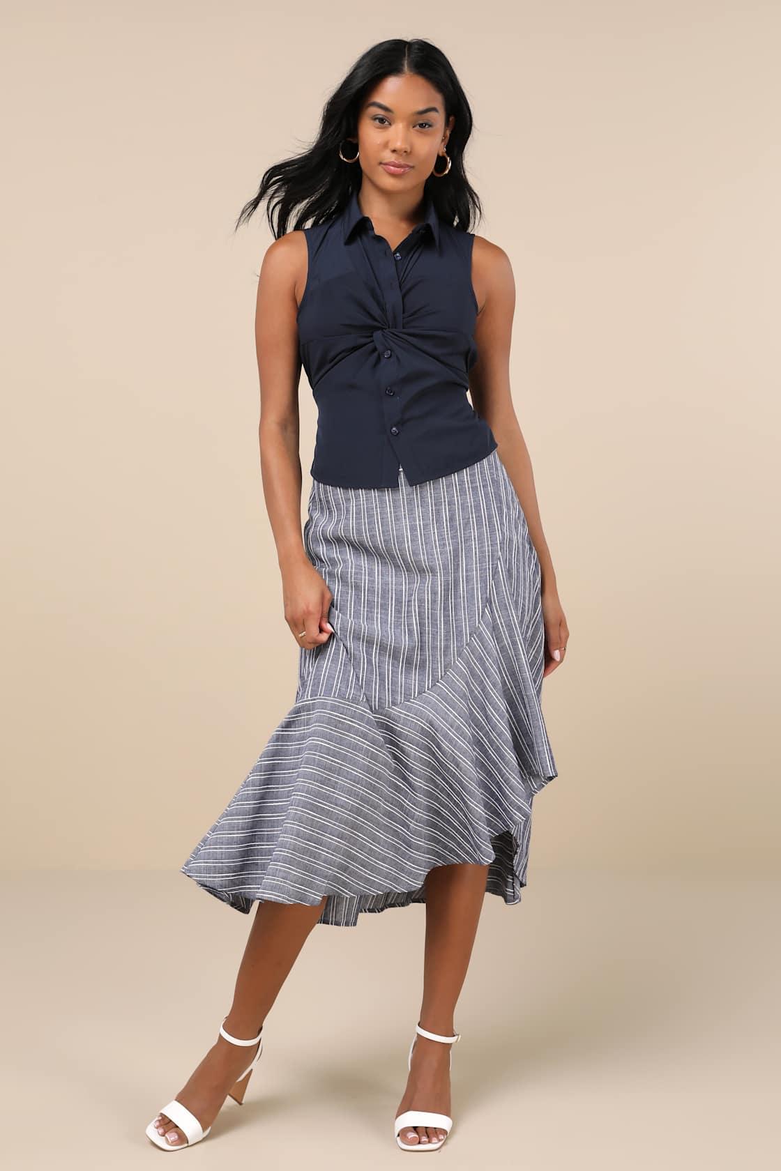 Iconic Chicness Navy Collared Twist-Front Button-Up Tank Top Product Image