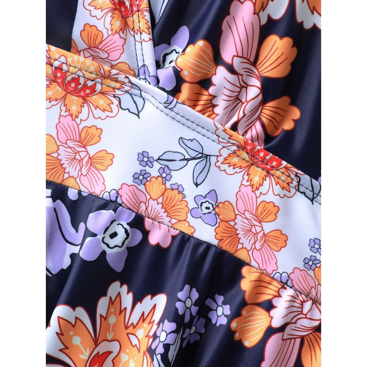 Plus Size Floral Print Surplice Neck Swim Dress Women's Swimwear Indigo Resort Bodycon Overlap Collar High stretch Curve Swim Dresses BloomChic 12/L Product Image