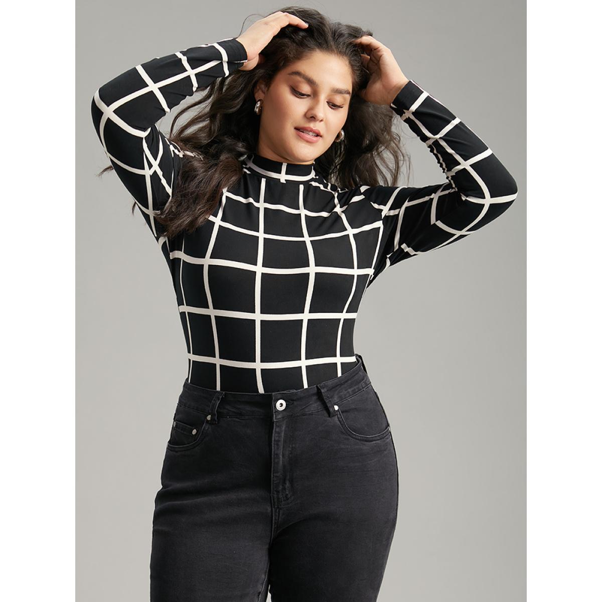 Plus Size Plaid Print Mock Neck Slightly Stretchy Bodysuit Women Black Plaid Contrast Bodysuits BloomChic 12/L Product Image