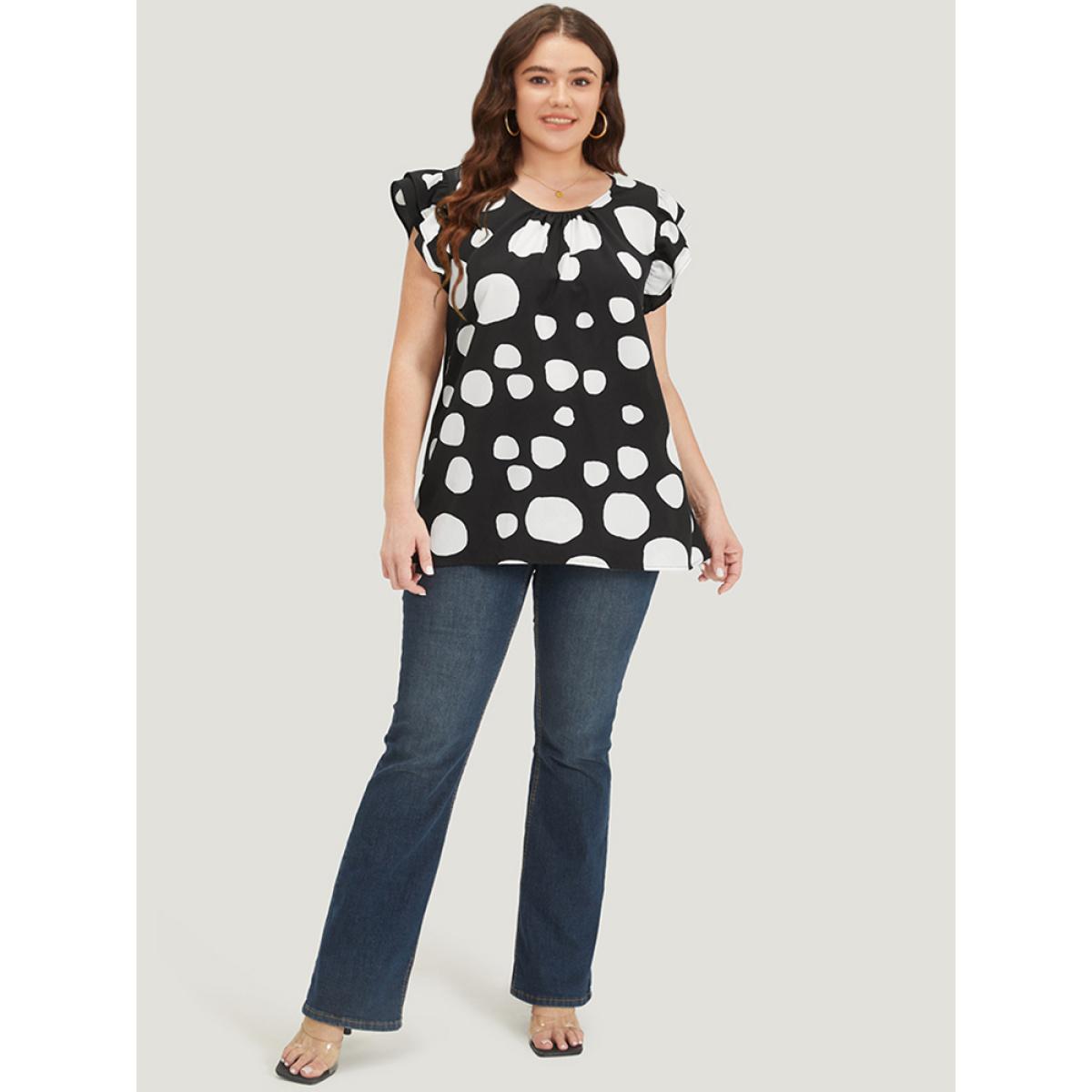 Plus Size Black Polka Dot Flutter Cap Sleeve Tiered Blouse Women Elegant Cap Sleeve Round Neck Dailywear Blouses BloomChic 30/6X Product Image