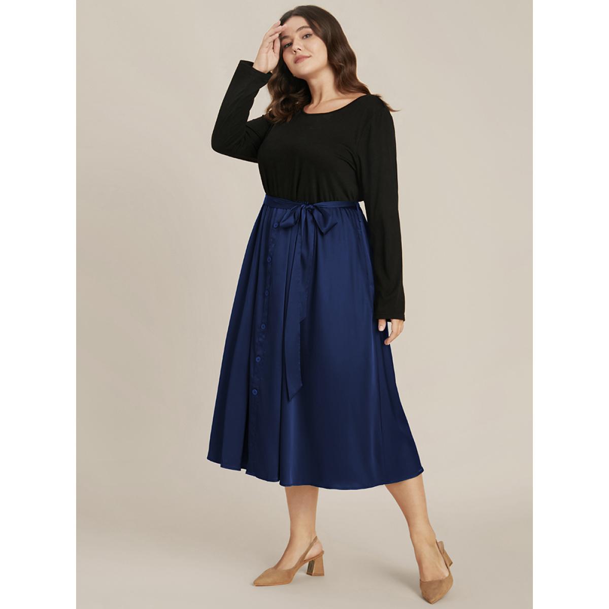 Plus Size Solid Round Neck Pocket Button Detail Belted Satin Dress DarkBlue Women Office Patchwork Round Neck Long Sleeve Curvy Midi Dress BloomChic 26/4X Product Image