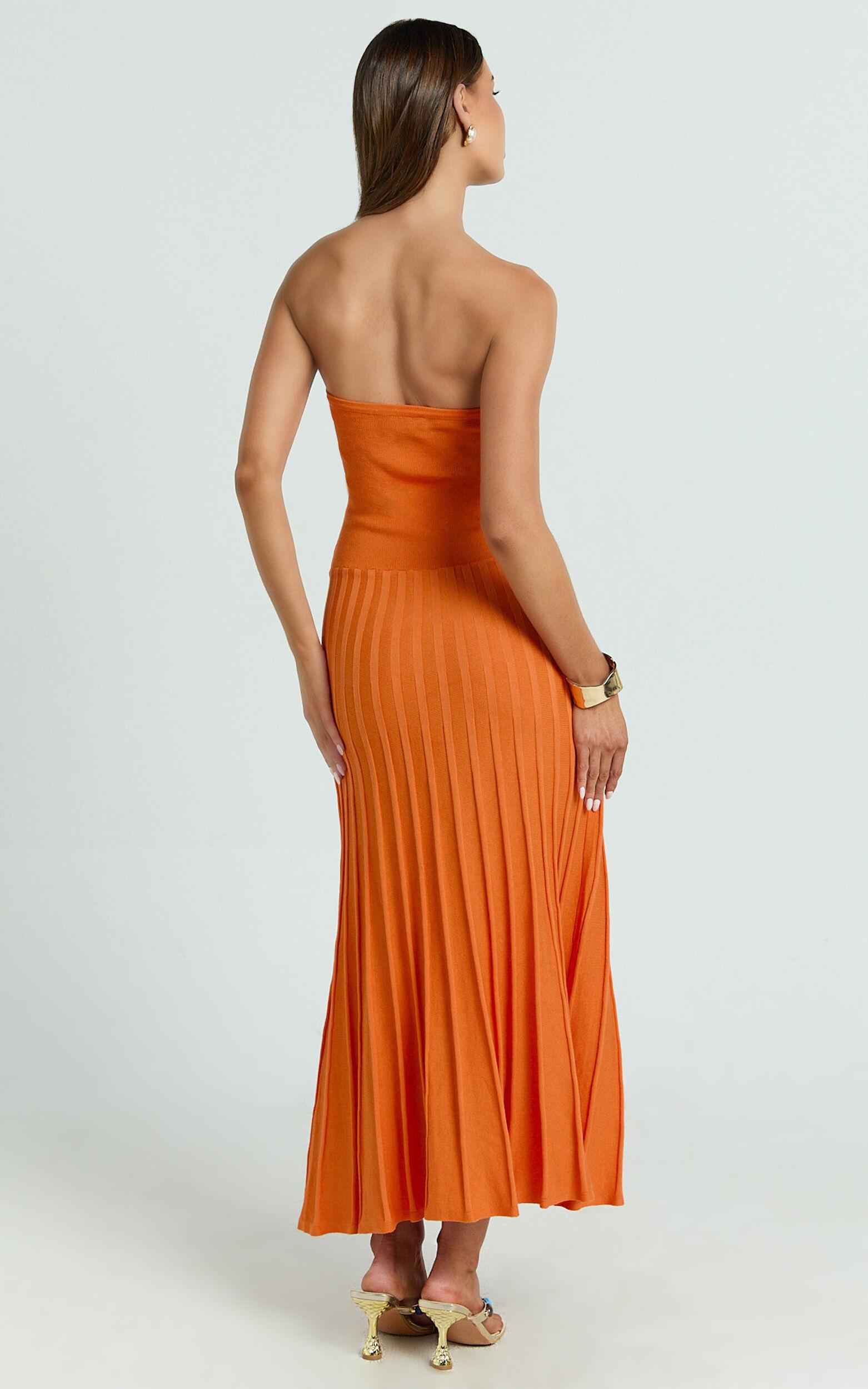 Paris Midi Dress - Strapless Drop Waist Pleated Knit Dress in Orange Product Image