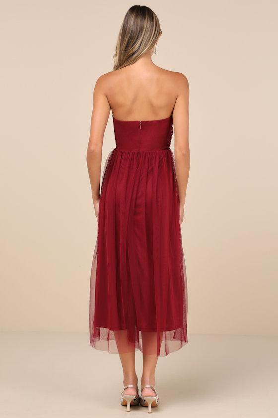 Perfect Whimsy Burgundy Mesh Strapless Midi Dress Product Image