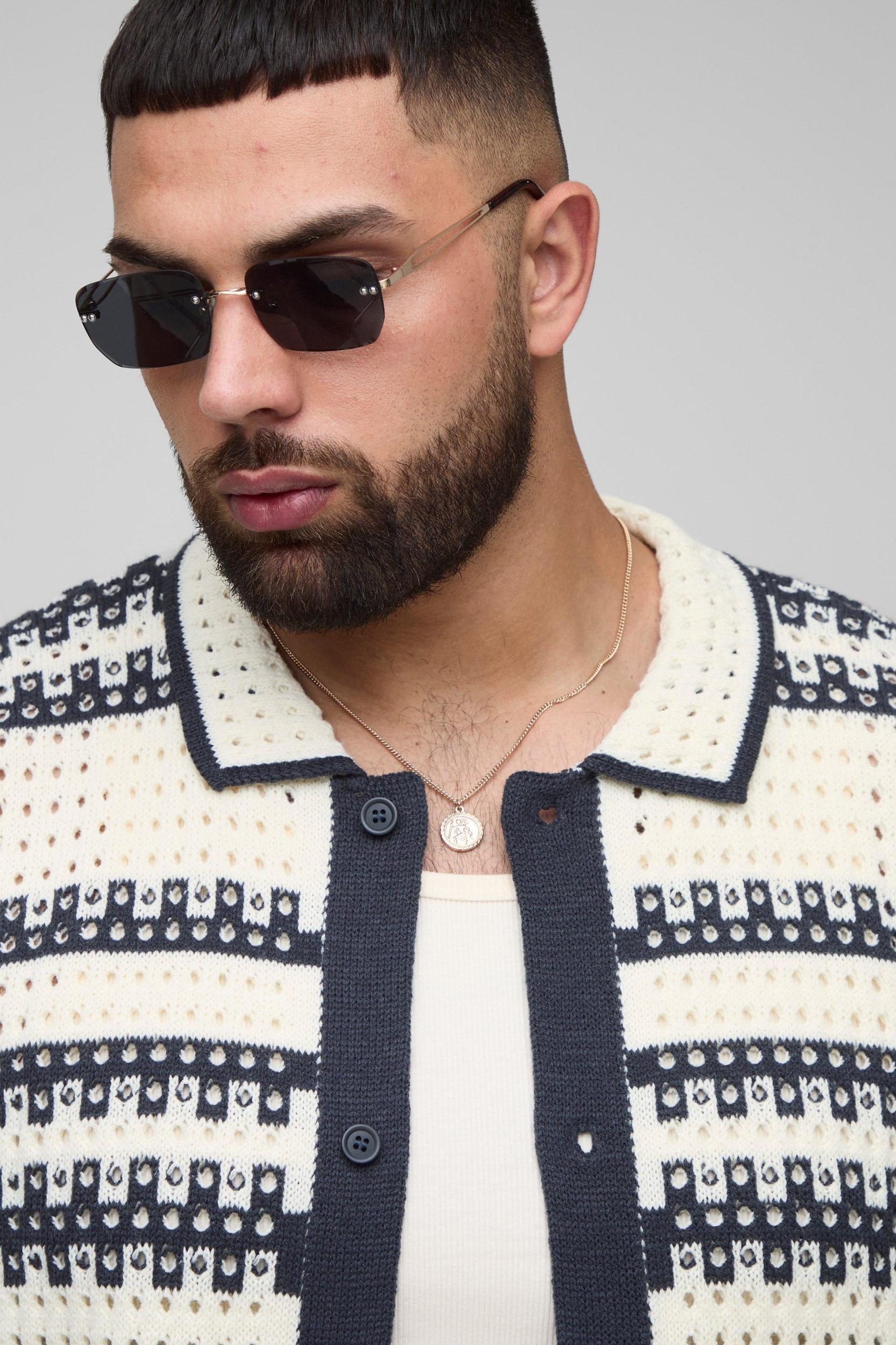 Plus Stripe Crochet Regular Fit Shirt | boohooMAN USA Product Image
