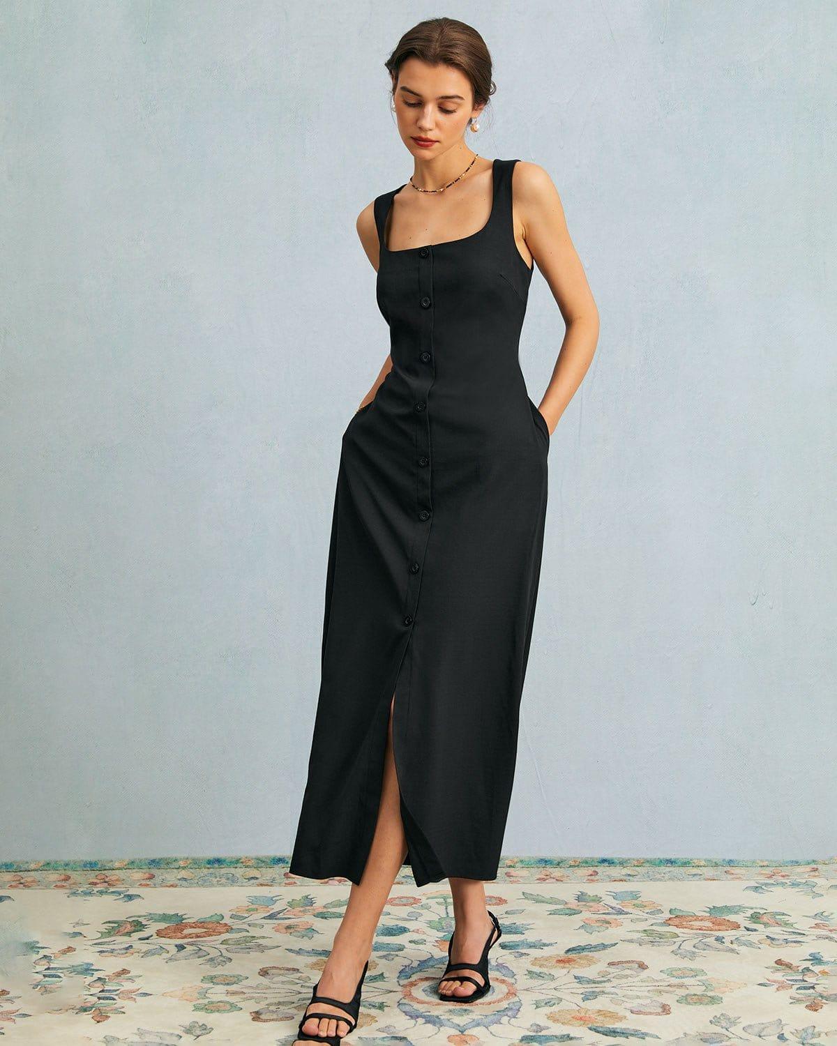 The Black U Neck Tie Back Sleeveless Maxi Dress Product Image