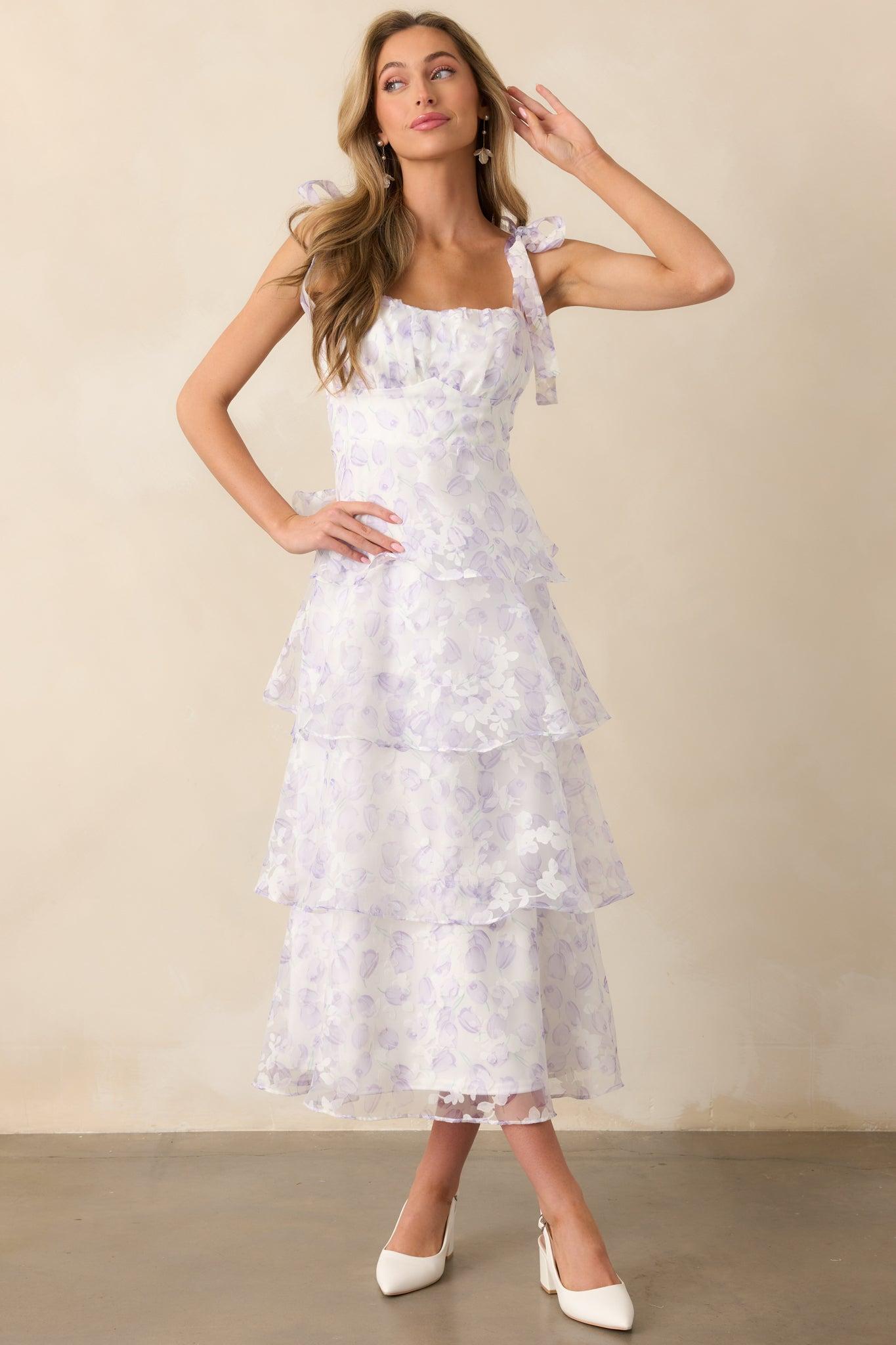 Living In Wonderland Lavender Tulip Floral Midi Dress Product Image