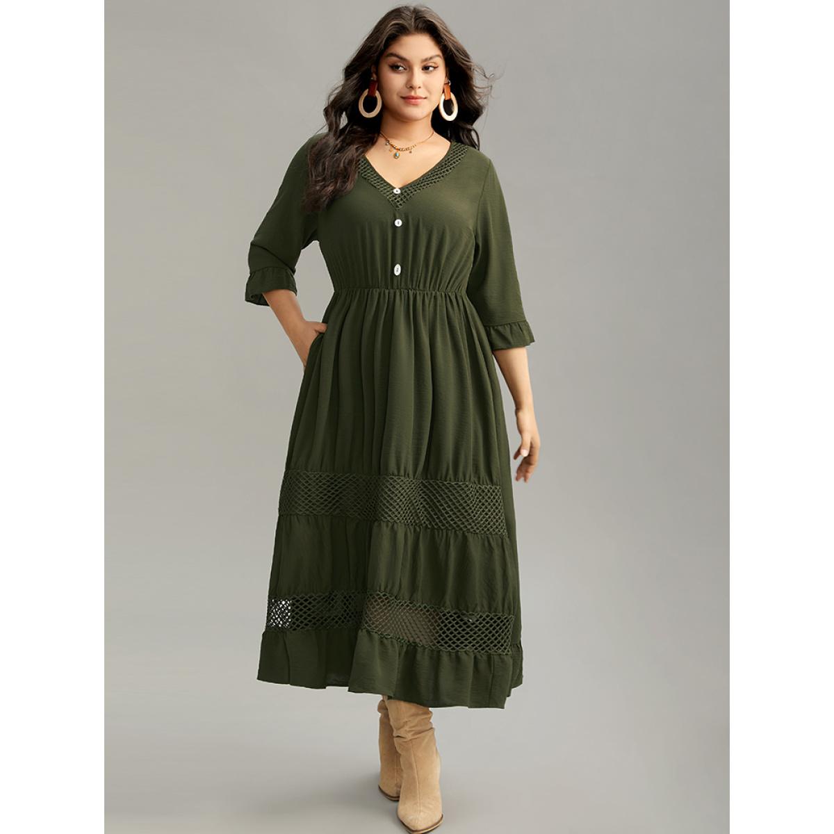 Plus Size Plain Ruffles Patchwork Button Detail Cut Out Dress ArmyGreen Women Vacation Plain V-neck Elbow-length sleeve Curvy Midi Dress BloomChic 28/5X Product Image