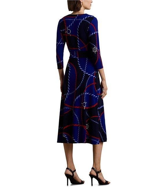 Lauren Ralph Lauren Rope Print Stretch Jersey Surplice V-Neck 3/4 Sleeve Self-Tie Belt A-Line Midi Dress Product Image