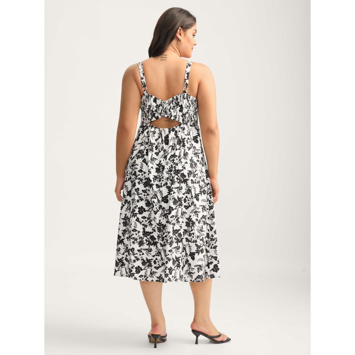 Plus Size Monochrome Florals Shirred Backless Midi Dress Black Women Contrast U-neck Sleeveless Curvy BloomChic 28/5X Product Image