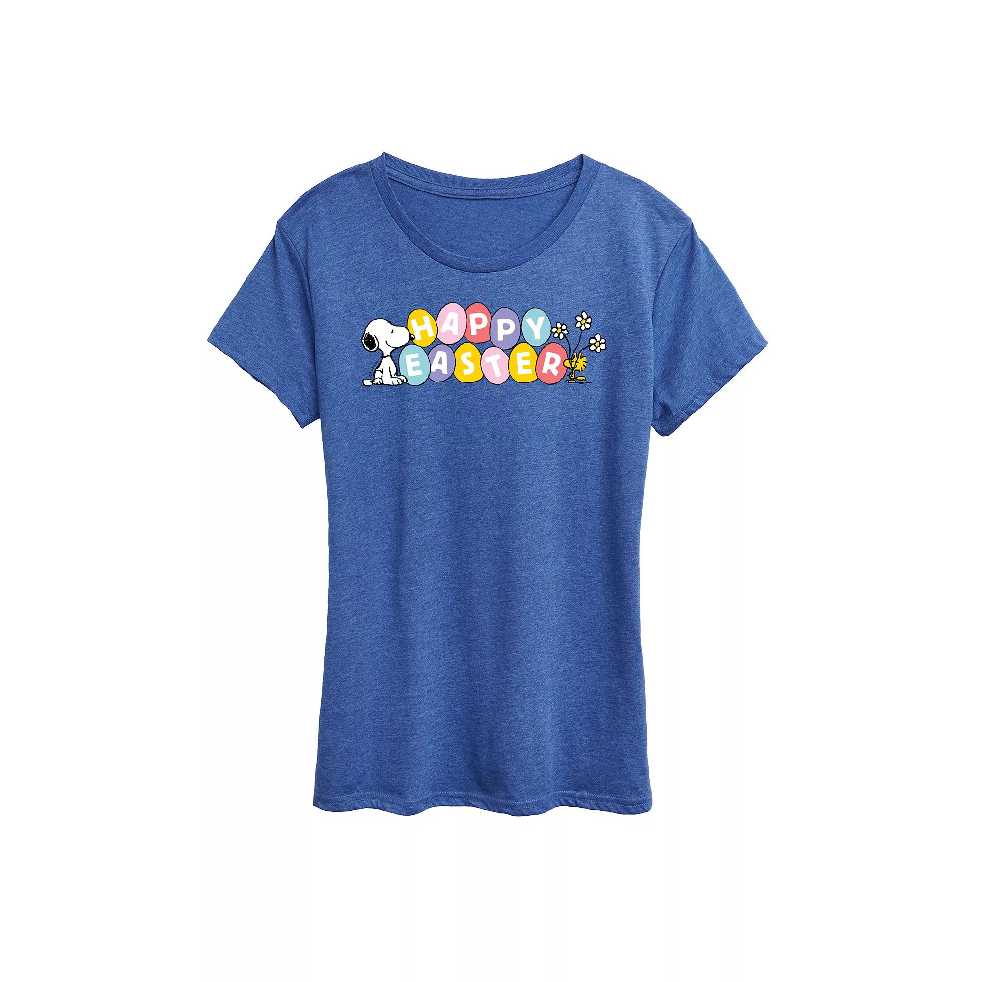 Women's Peanuts Snoopy & Woodstock Happy Easter Color Eggs Graphic Tee,  Product Image
