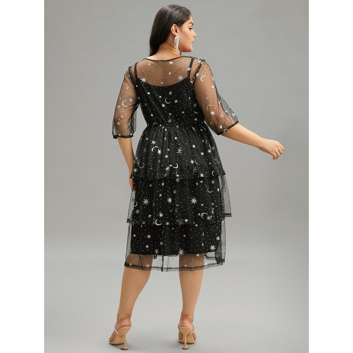 Plus Size Crochet Lace Mesh Moon & Star Dress Black Women Cocktail See through V-neck Elbow-length sleeve Curvy Midi Dress BloomChic 30/6X Product Image