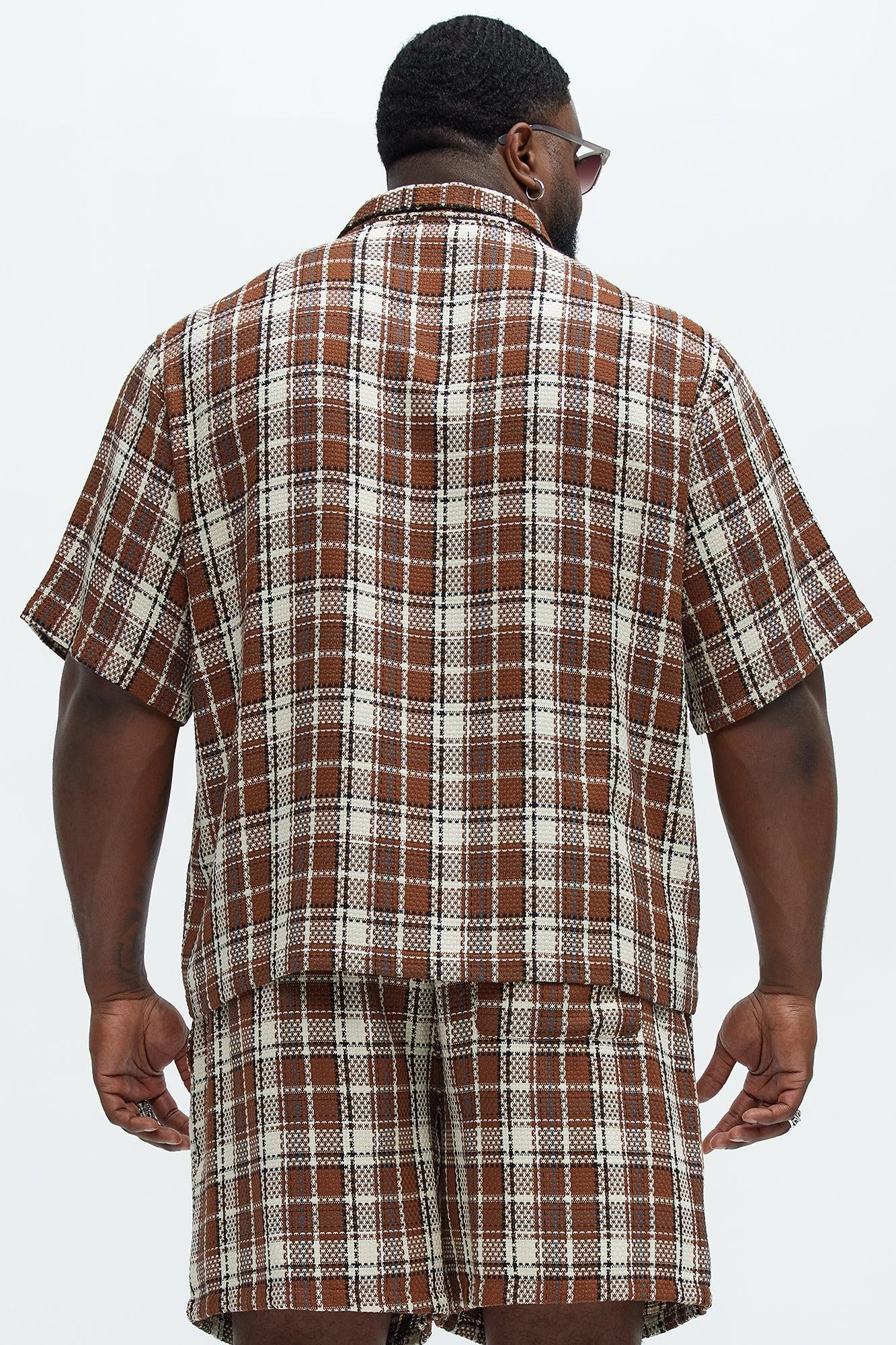 Plaid Basket Weave Cropped Button Up Shirt - Brown Combo Product Image