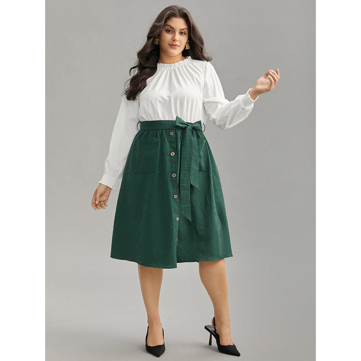 Plus Size Gingham Belted Frill Trim Button Detail Dress DarkGreen Women Elegant Printed Mock Neck Long Sleeve Curvy Midi Dress BloomChic 28/5X Product Image