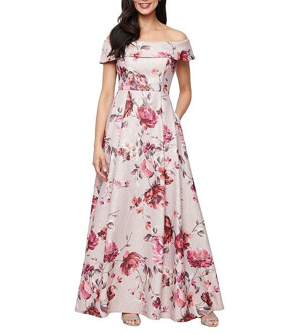 Alex Evenings Off-the-Shoulder Floral Print Jacquard Ball Gown Product Image