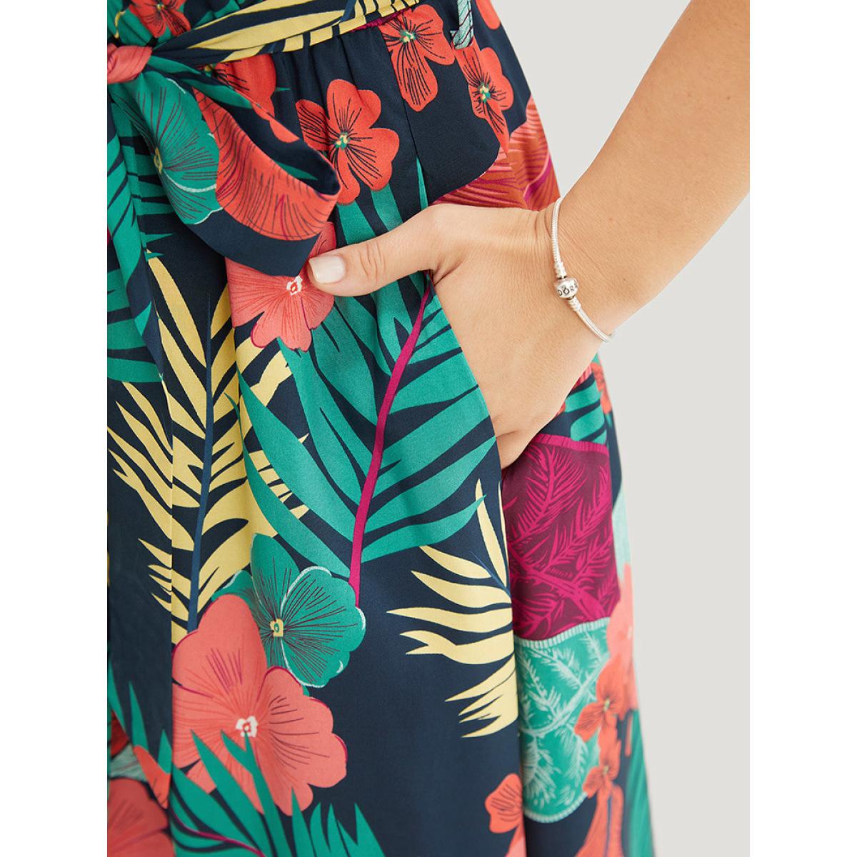 Plus Size Tropical Print Ruffle Hem Pocket Belt Knotted Halter Dress DarkBlue Women Vacation Cross straps Halter neck Sleeveless Curvy Midi Dress BloomChic 18-20/2X Product Image