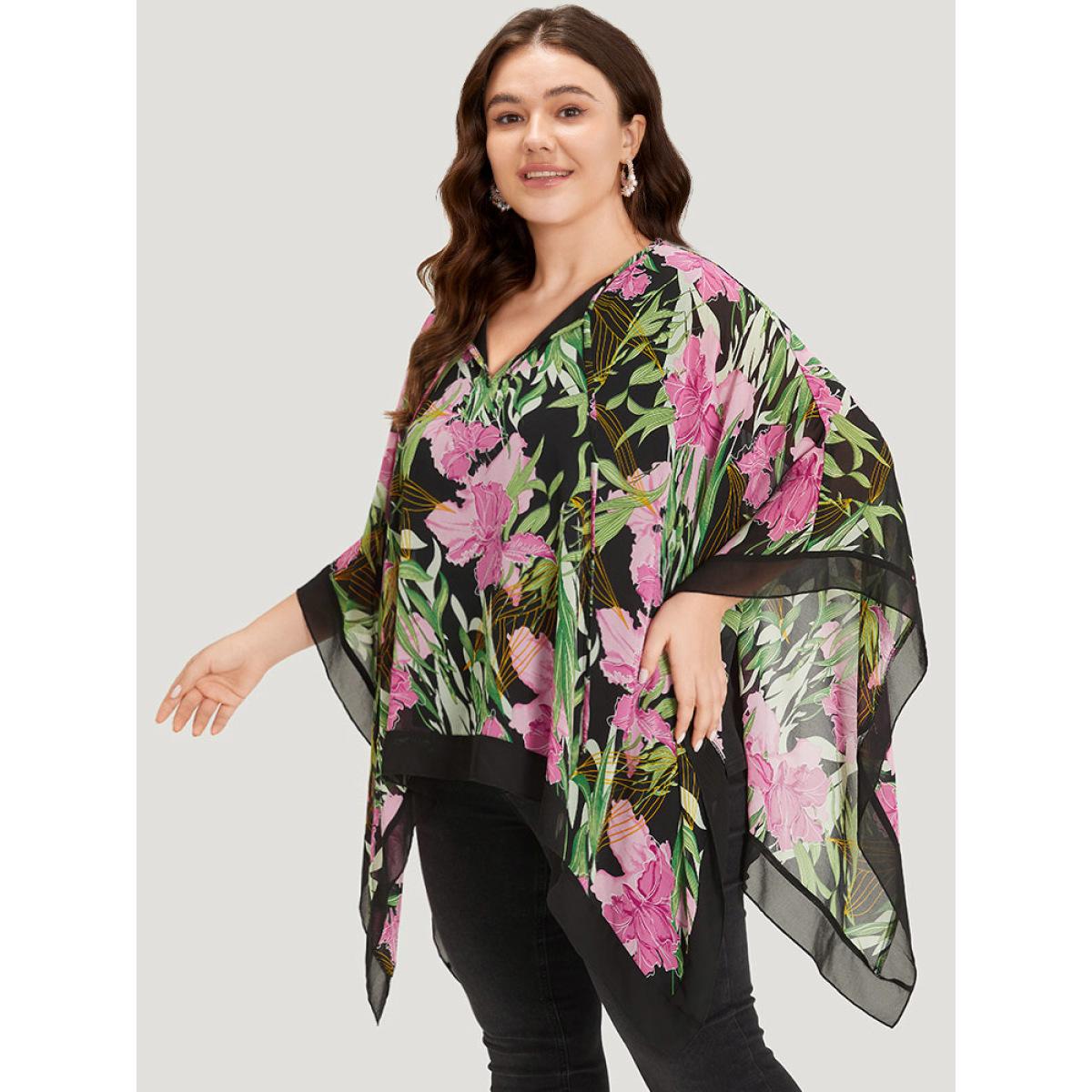 Plus Size Multicolor Floral Ties Batwing Sleeve Hanky Hem Layered Blouse Women Glamour Elbow-length sleeve Tie Neck Going out Blouses BloomChic 10/M Product Image