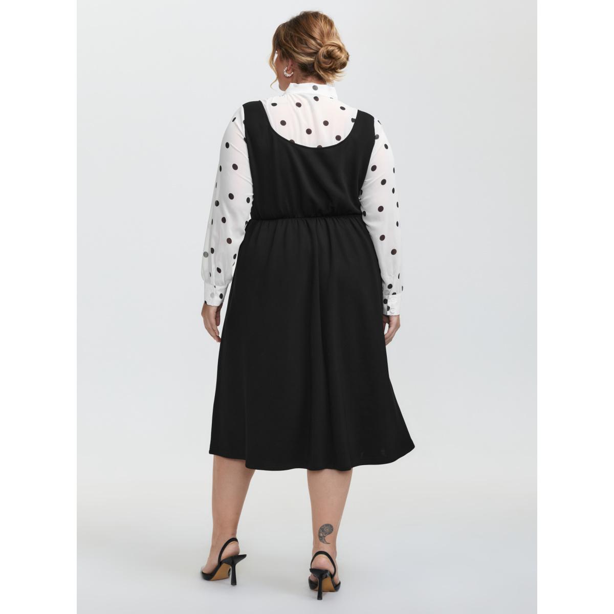 Plus Size Polka Dot Neck Tie Midi Dress Black Women Retro Ribbon-tied collar Long Sleeve Curvy BloomChic 28/5X Product Image