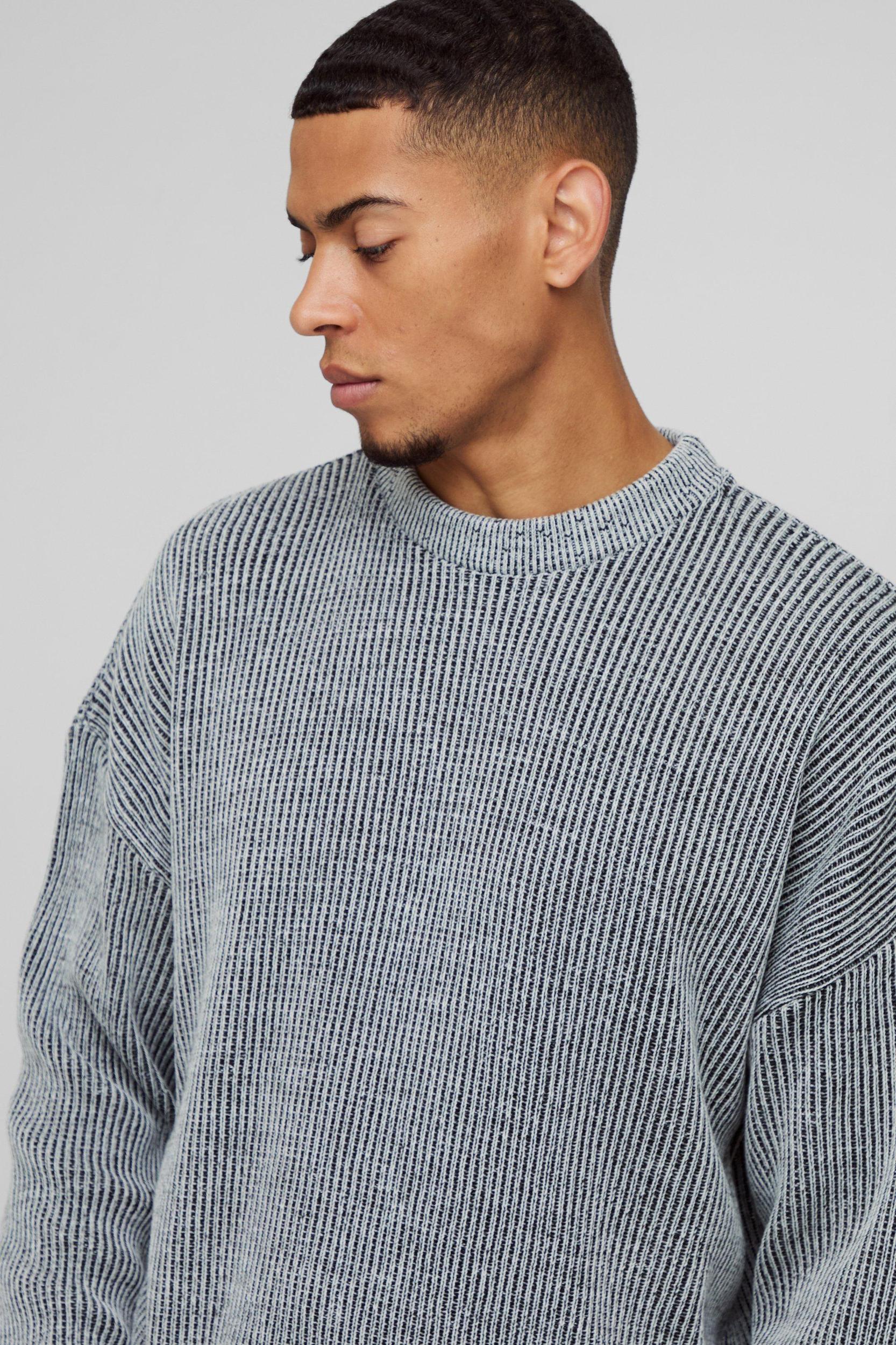 Boxy Crew Neck Dropped Shoulder Plated Ribbed Knit Sweater | boohooMAN USA Product Image