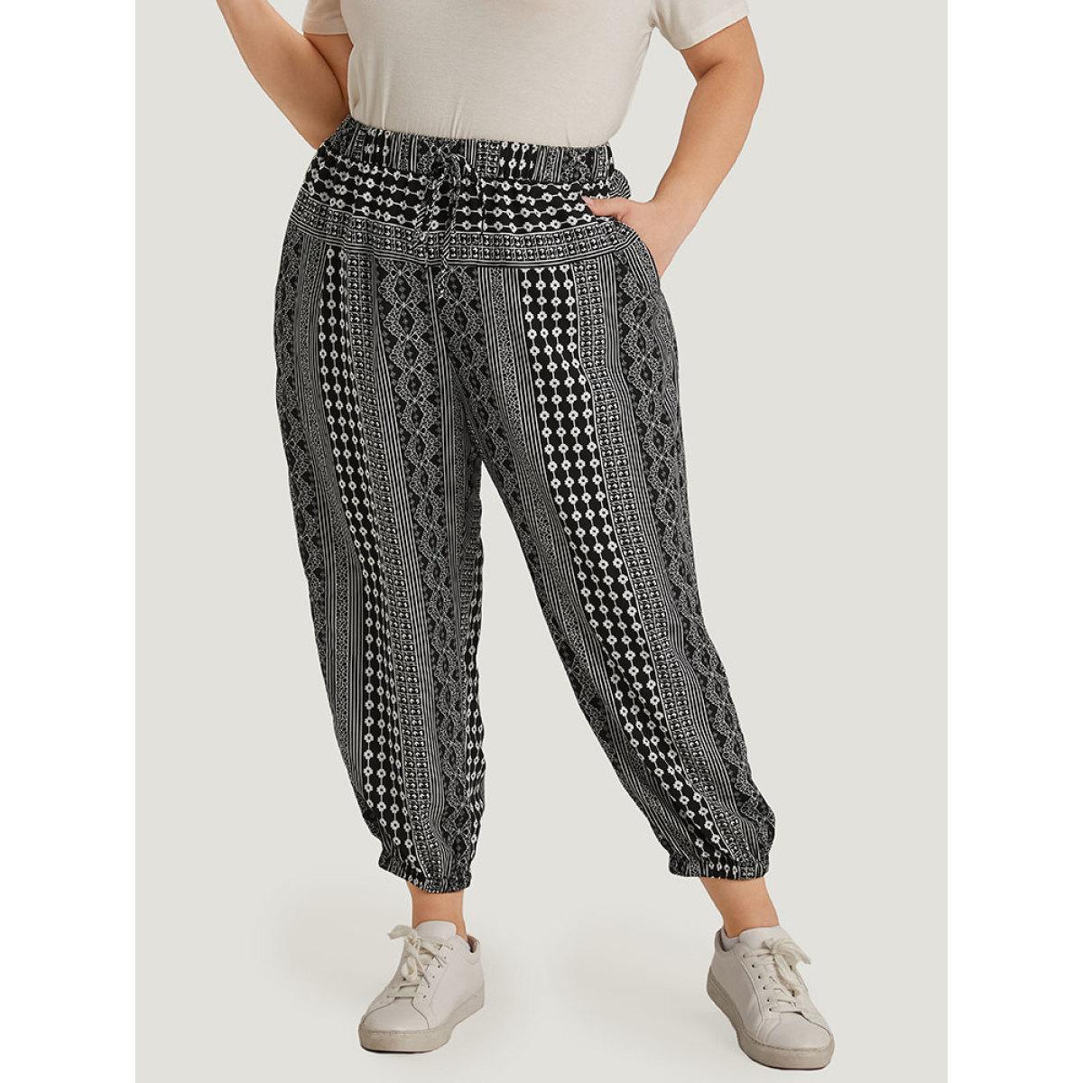 Plus Size Moroccan Print Pocket Elastic Waist Ties Pants Women Black Casual High Rise Dailywear Pants BloomChic 22-24/3X Product Image