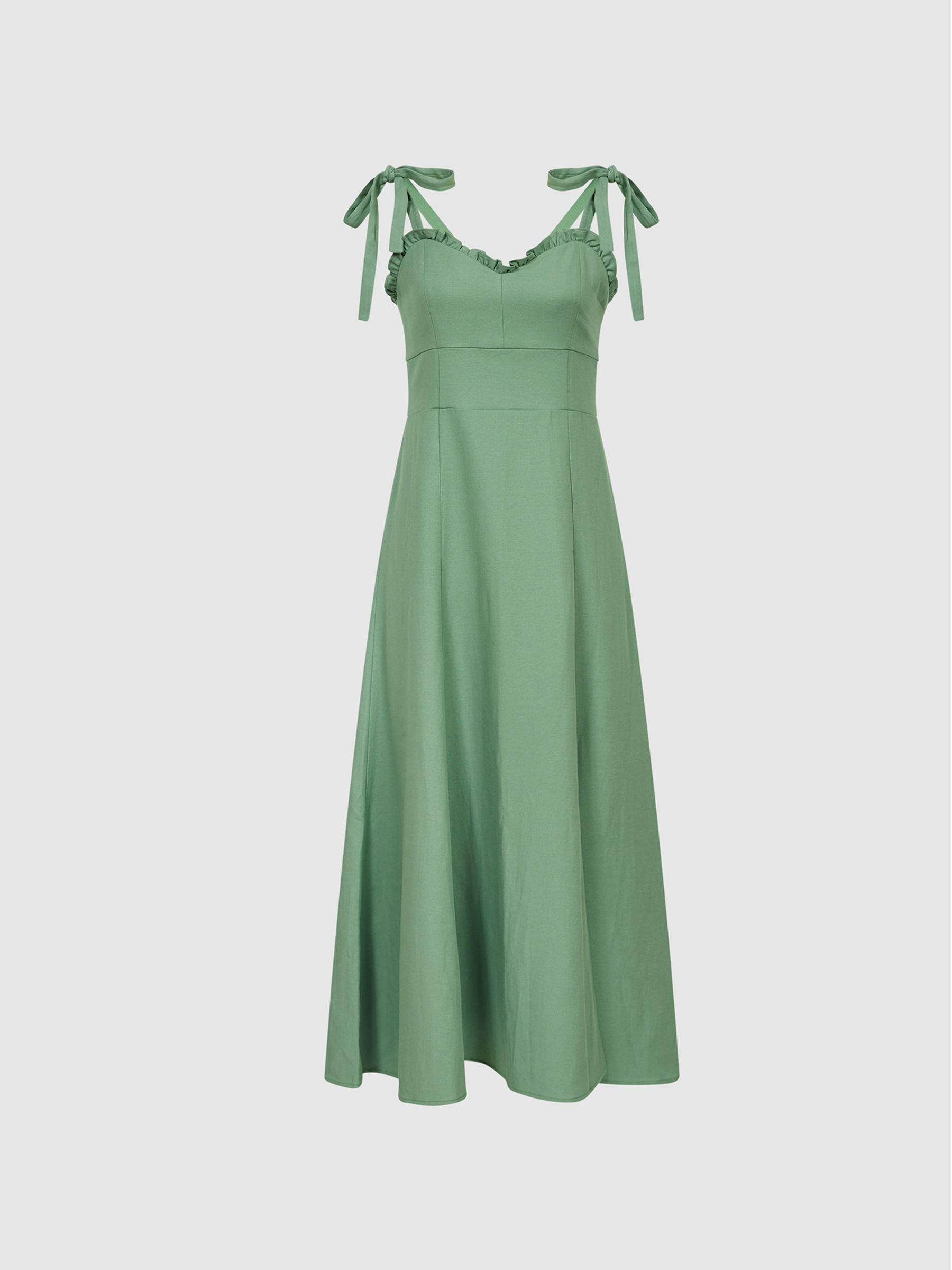 Strappy Linen Blend Midi Dress in Green Product Image