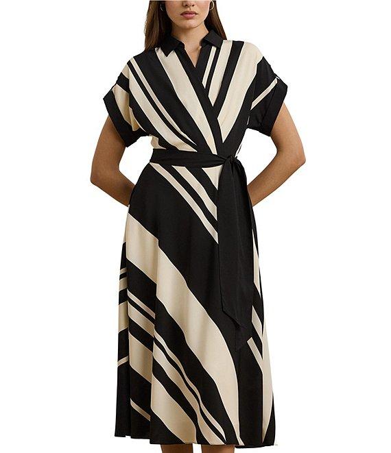Lauren Ralph Lauren Crepe Striped Spread Collar Short Sleeve Belted A-Line Midi Dress Product Image