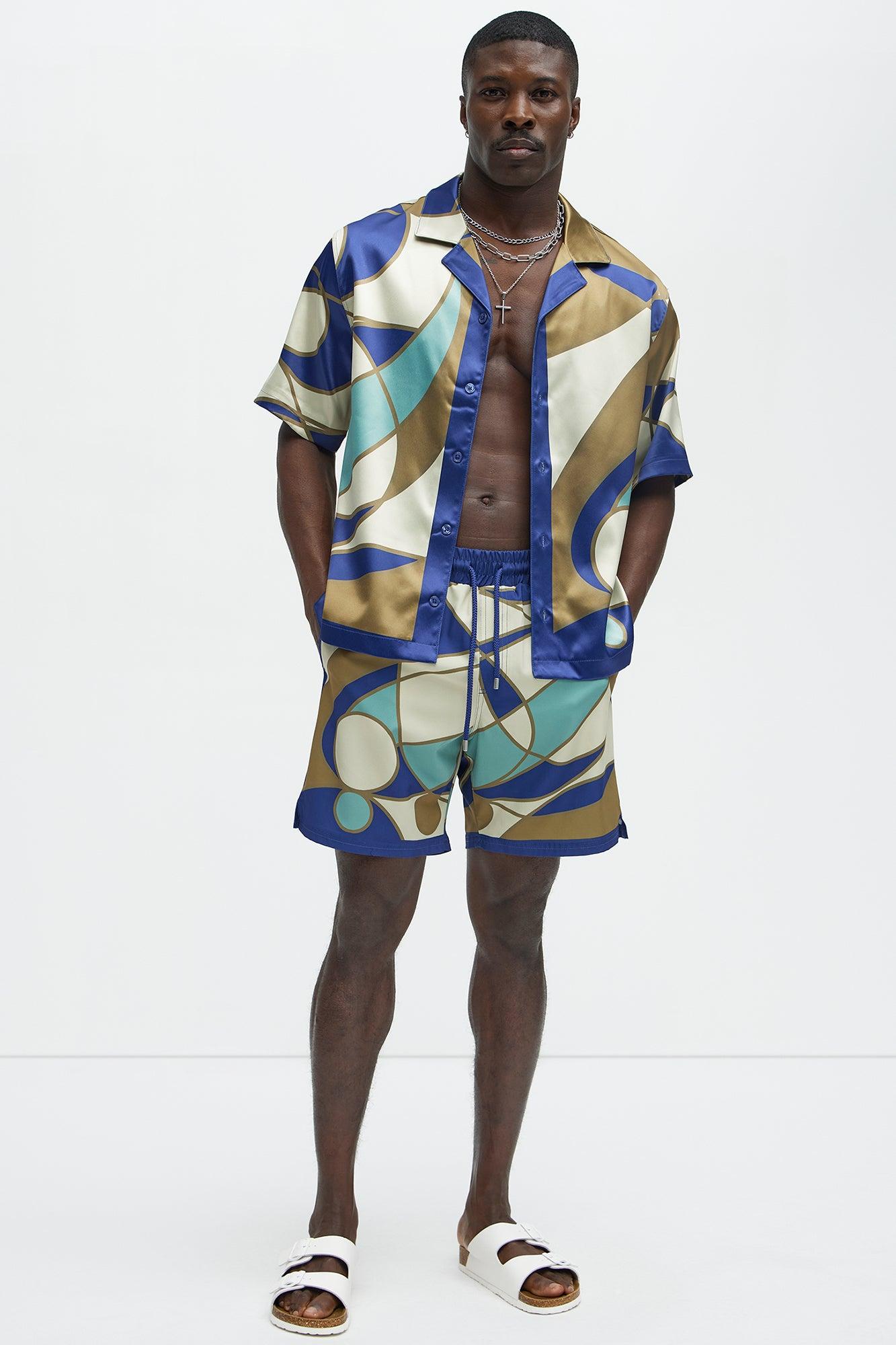 Geometric Paneled Cuban Collar Button Up Shirt - Multi Color Product Image