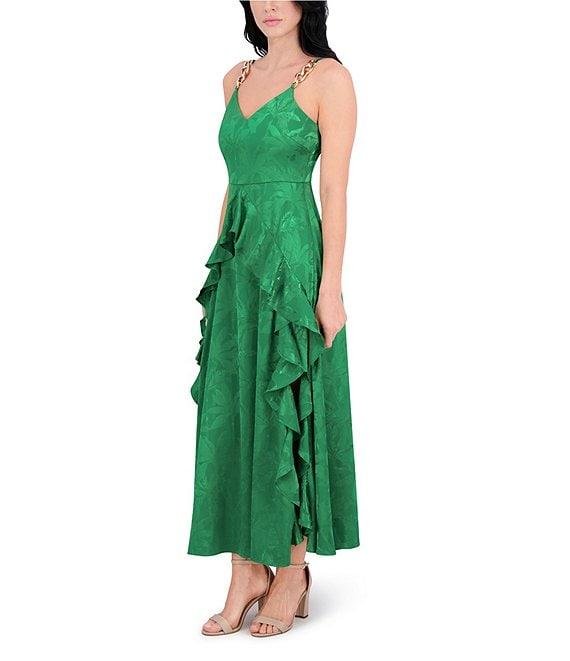 SIENA Satin Jacquard V Neck Sleeveless Chain Straps Ruffle A-Line Maxi Dress Product Image