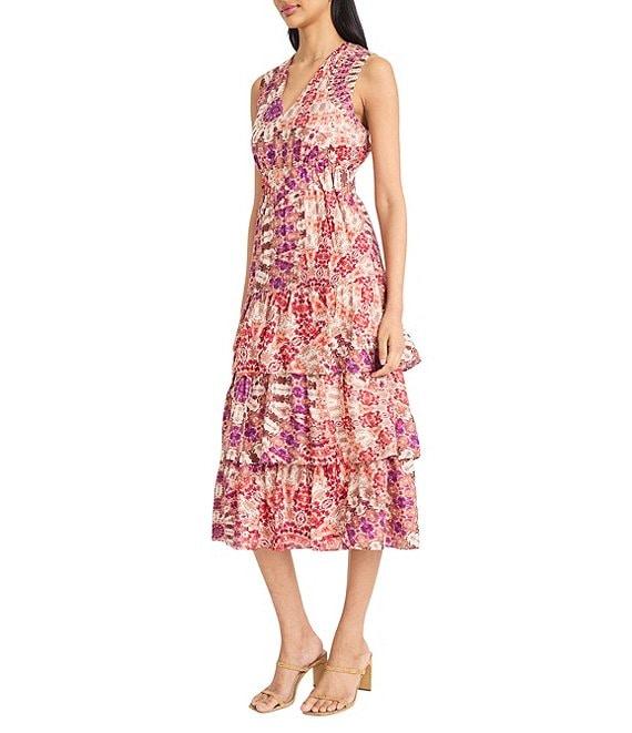 The Good Journey V-Neck Sleeveless Printed Gauze Tiered Ruffle Midi Dress Product Image