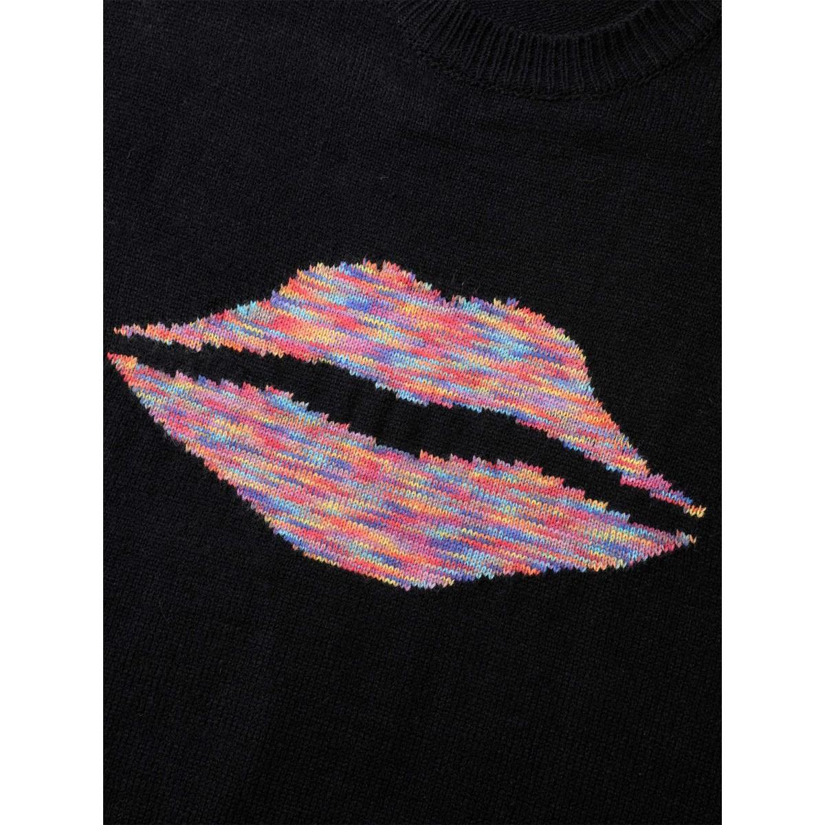 Plus Size Lips Motif Jacquard Color Contrast Pullover Black Women Casual Loose Long Sleeve Round Neck Everyday Pullovers BloomChic 26/4X Product Image