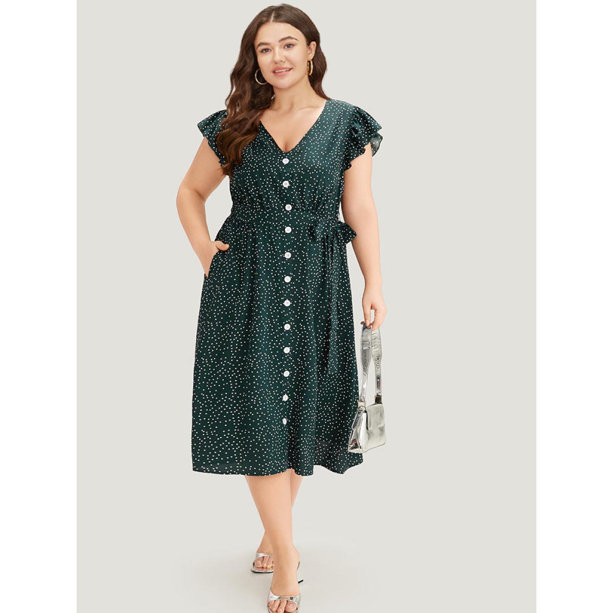 Plus Size Polka Dot Flutter Trim Button Detail Belted Dress Teal Women Office Belted V-neck Sleeveless Curvy Midi Dress BloomChic 28/5X Product Image