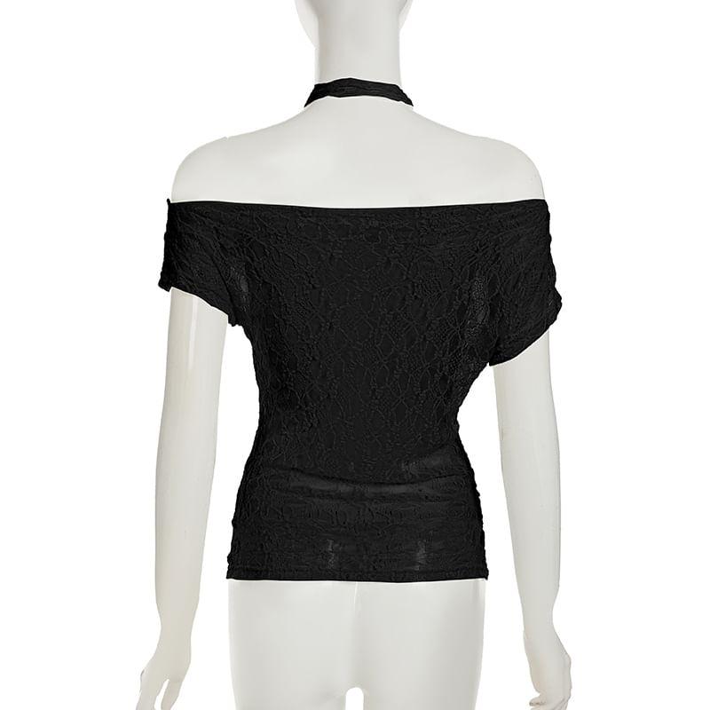 Set: Short-Sleeve Off-Shoulder Lace Top + Thin Scarf Product Image