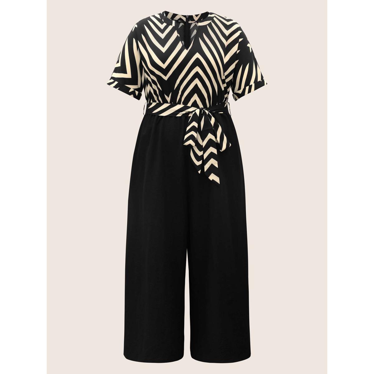 Plus Size Black Striped Patchwork Knot Cuffed Sleeve Jumpsuit Women Work From Home Half Sleeve Flat collar with V-notch Office Loose Jumpsuits BloomChic 30/6X Product Image